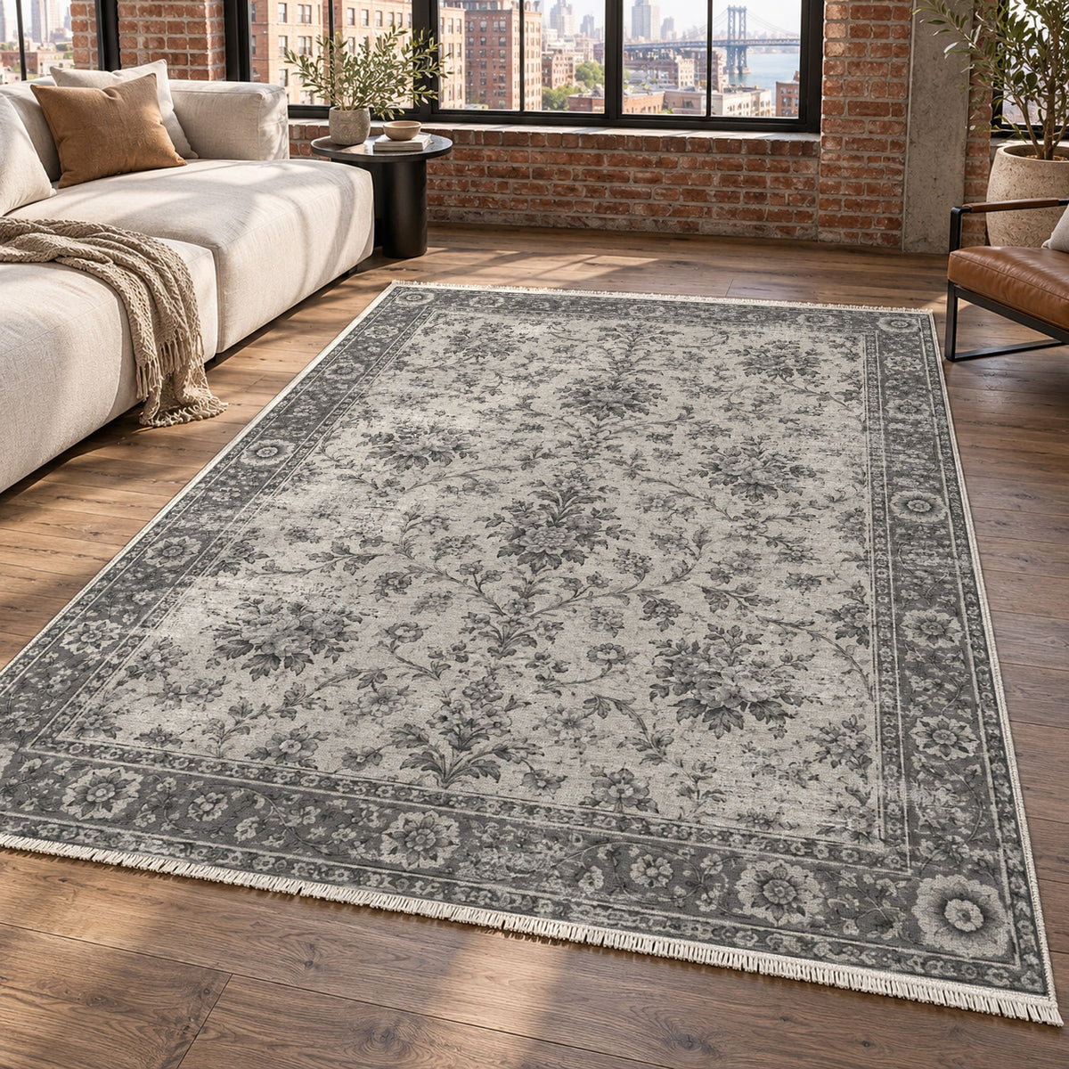 Faded Bouquet Charcoal Silver Vintage Washable Rug — new york living