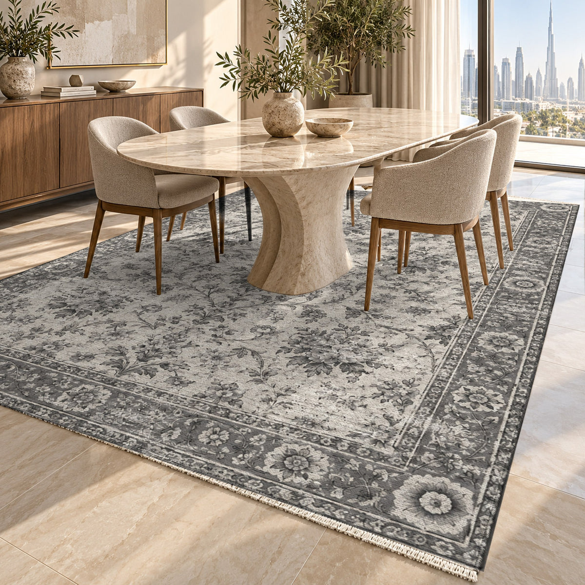 Faded Bouquet Charcoal Silver Vintage Washable Rug — dubai dining