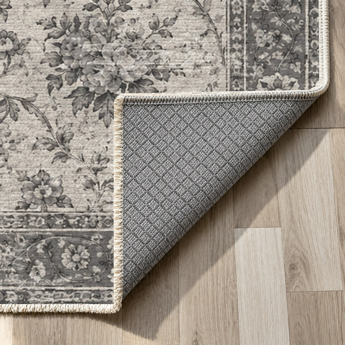 Faded Bouquet Charcoal Silver Vintage Washable Rug — backing close up