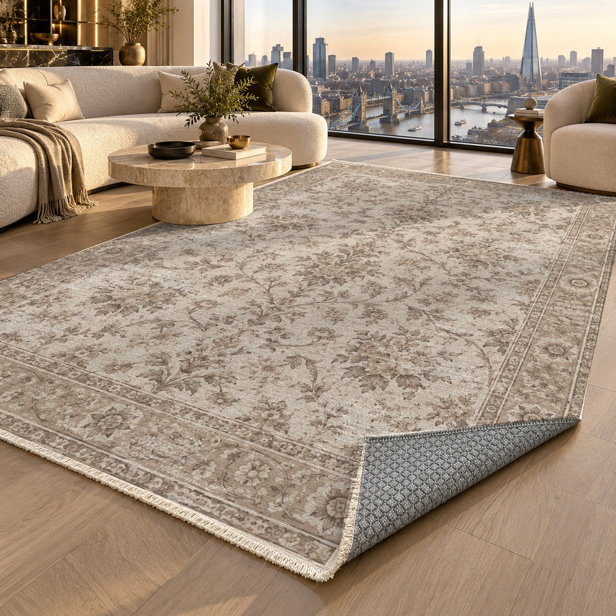 Faded Bouquet Ivory Taupe Vintage Washable Rug — london luxury living
