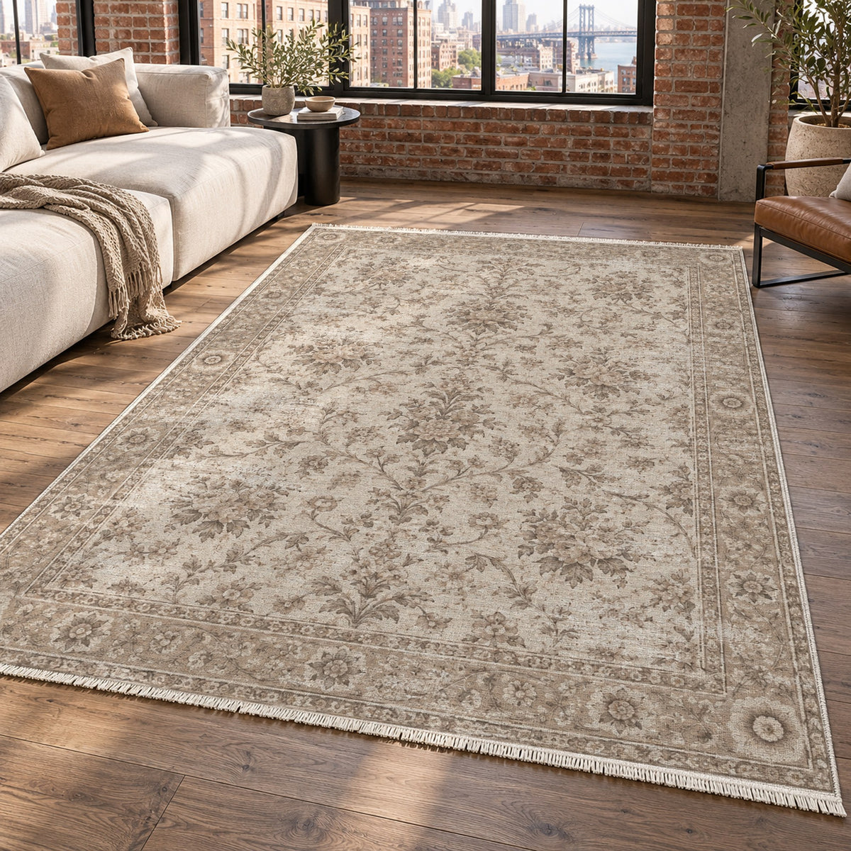Faded Bouquet Ivory Taupe Vintage Washable Rug — new york living