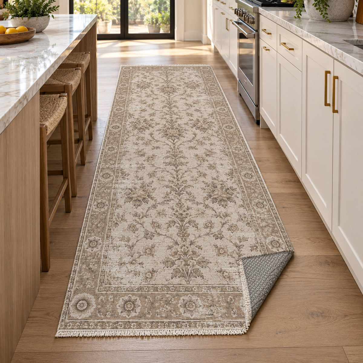 Faded Bouquet Ivory Taupe Vintage Washable Rug — new york kitchen runner