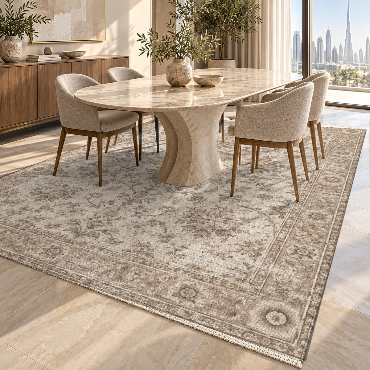Faded Bouquet Ivory Taupe Vintage Washable Rug — dubai dining