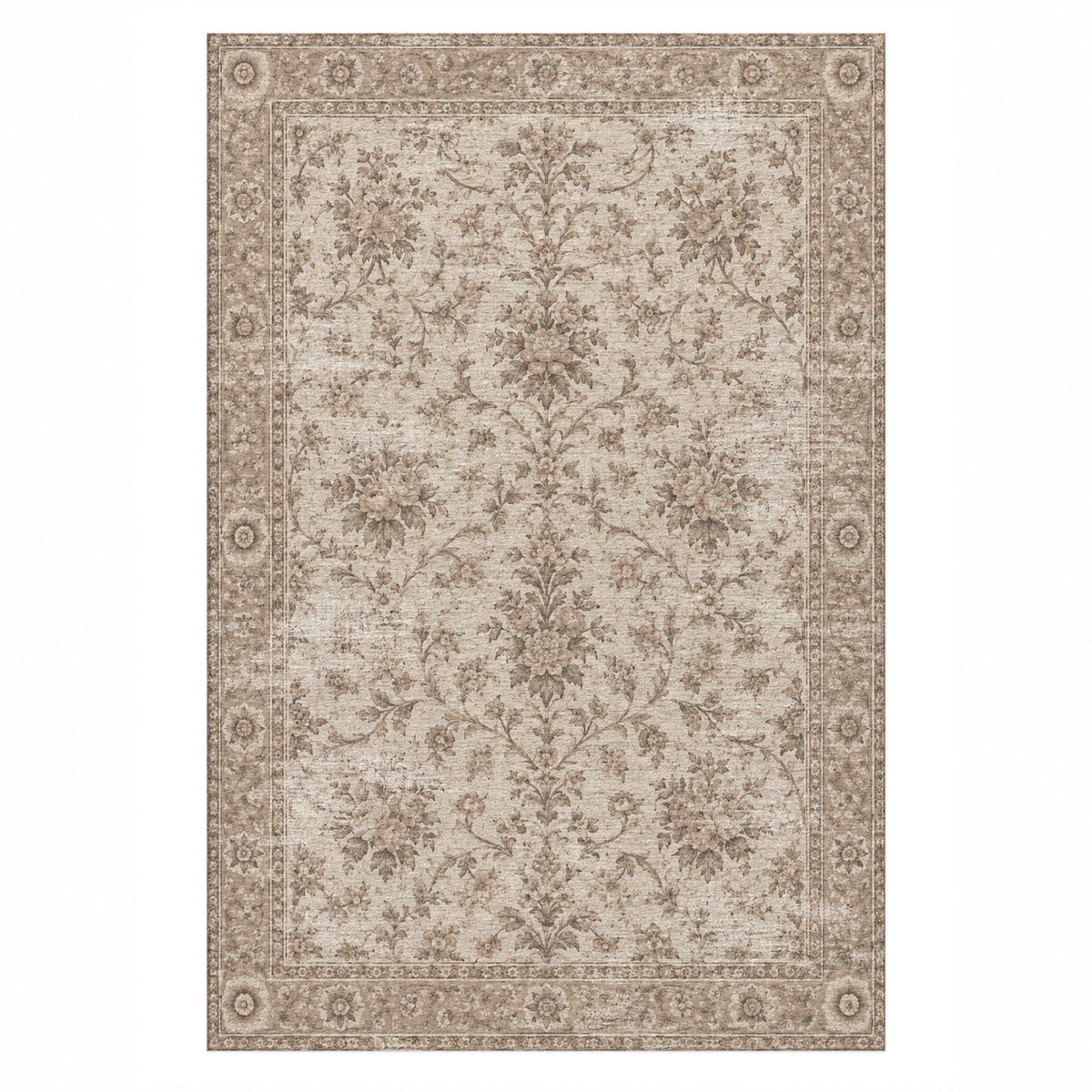 Faded Bouquet Ivory Taupe Vintage Washable Rug — top view