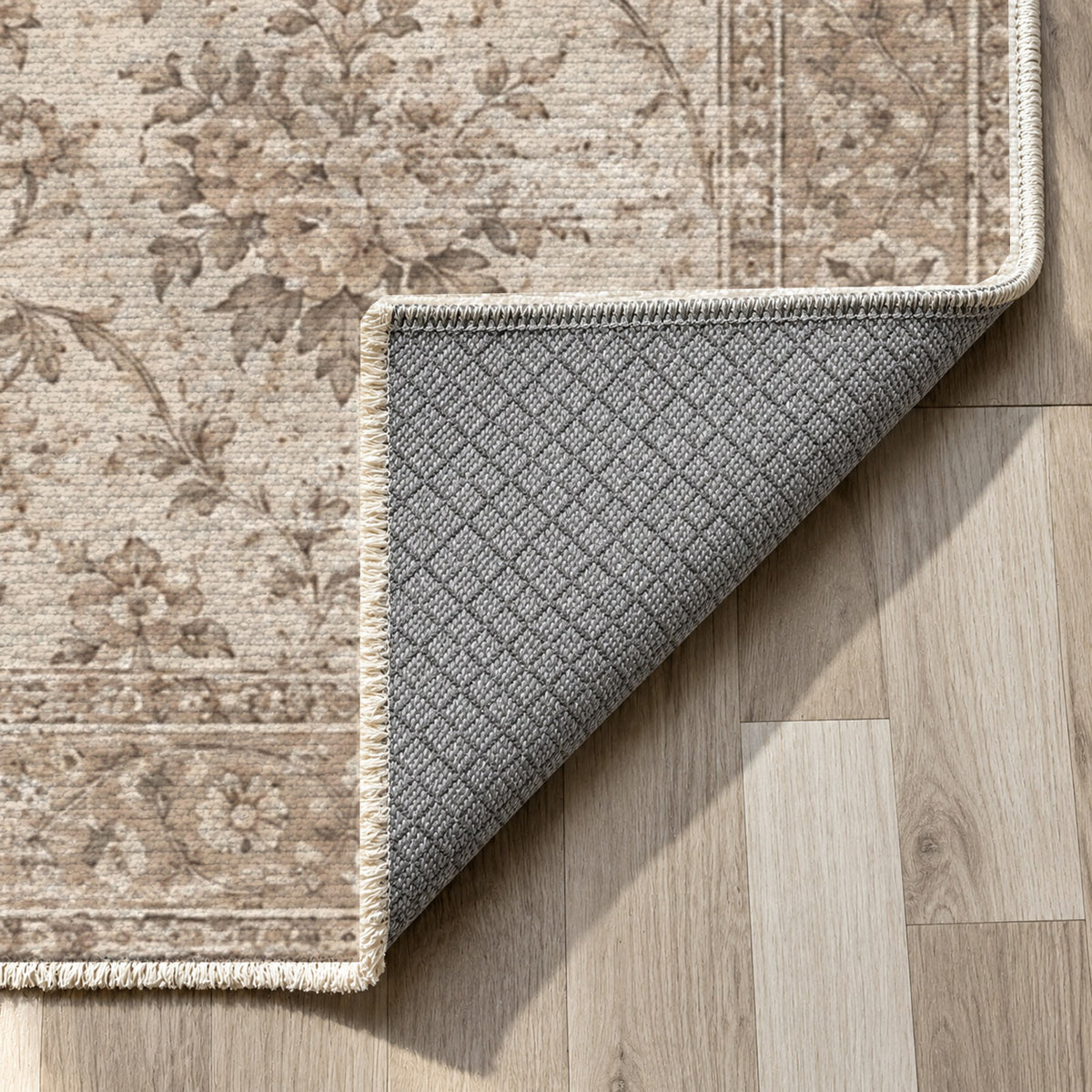 Faded Bouquet Ivory Taupe Vintage Washable Rug — backing close up