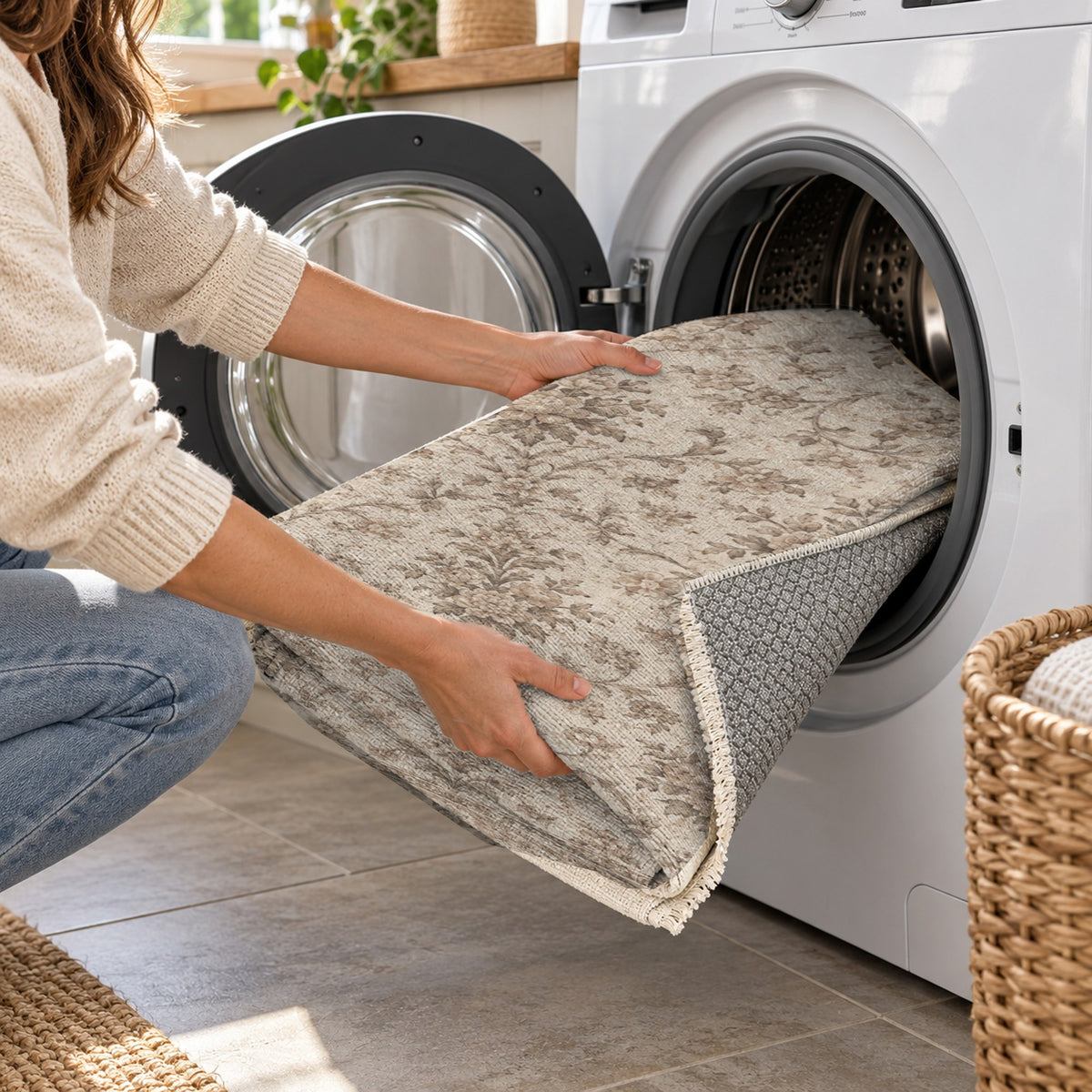 Faded Bouquet Ivory Taupe Vintage Washable Rug — washing machine
