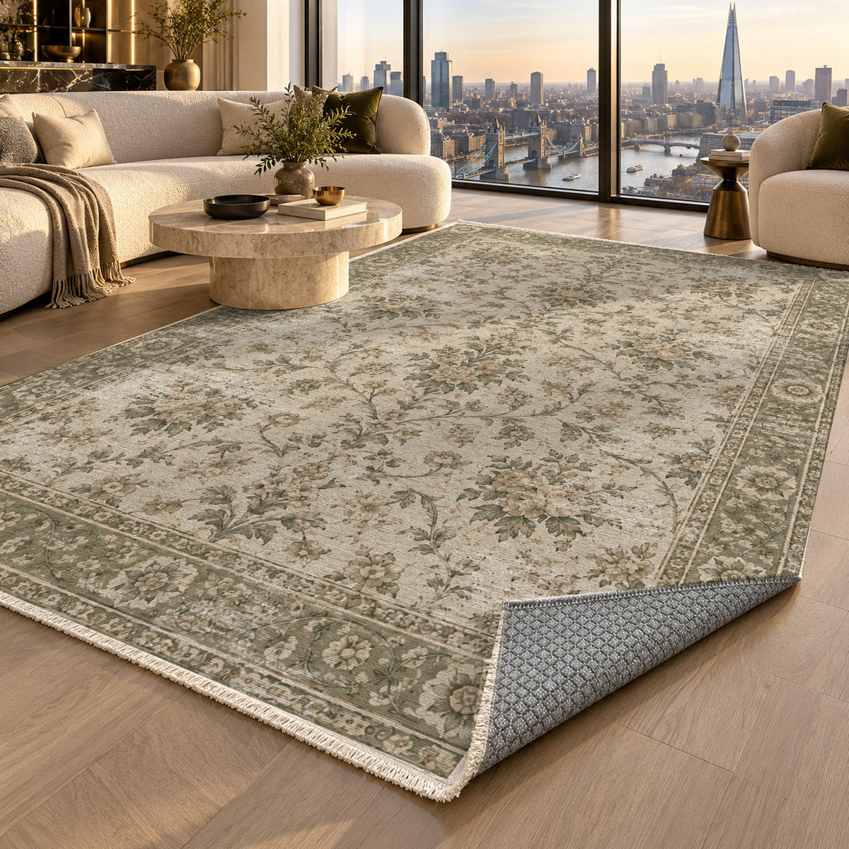 Faded Bouquet Olive Green Vintage Washable Rug — london luxury living