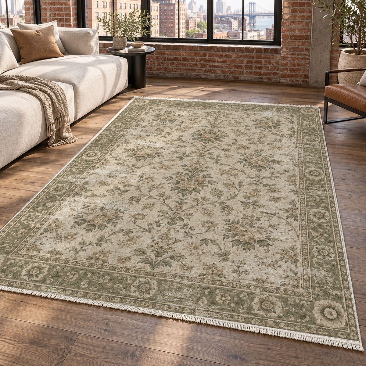 Faded Bouquet Olive Green Vintage Washable Rug — new york living