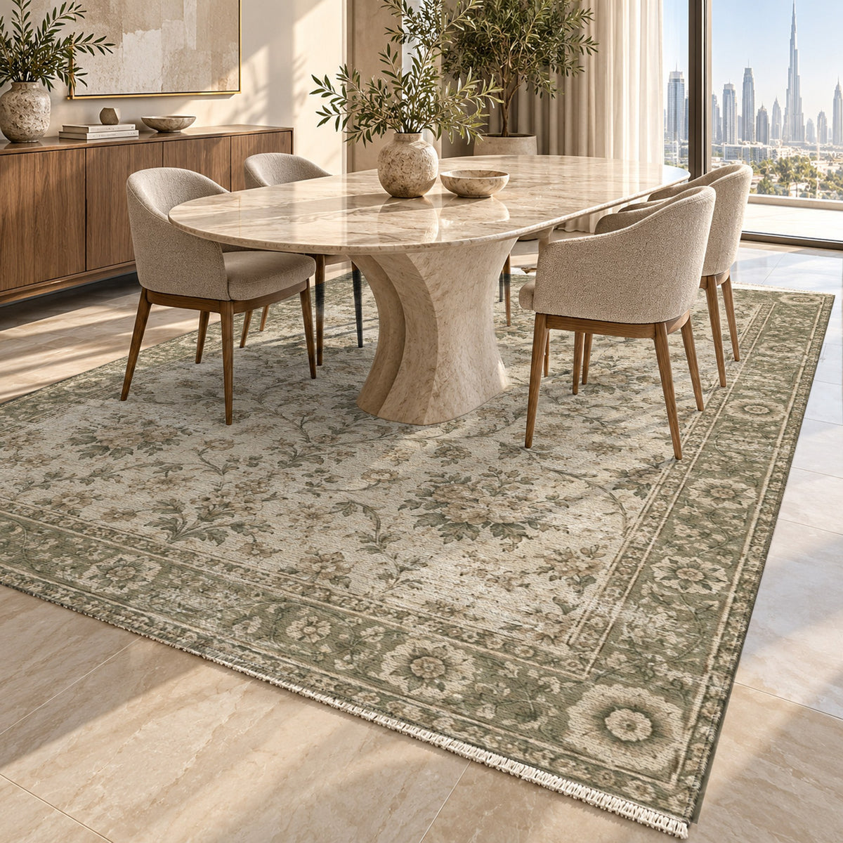 Faded Bouquet Olive Green Vintage Washable Rug — dubai dining