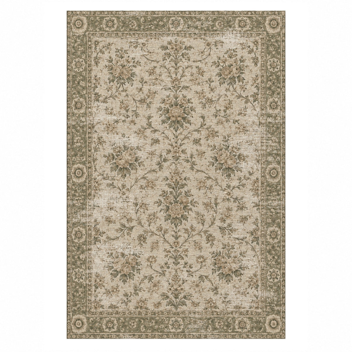 Faded Bouquet Olive Green Vintage Washable Rug — top view