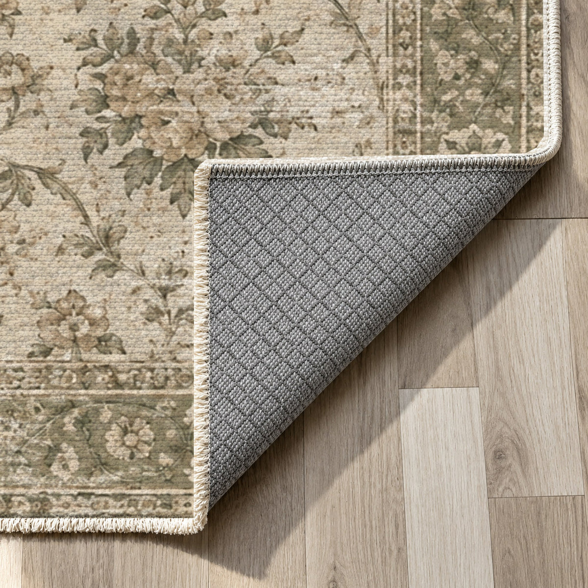 Faded Bouquet Olive Green Vintage Washable Rug — backing close up