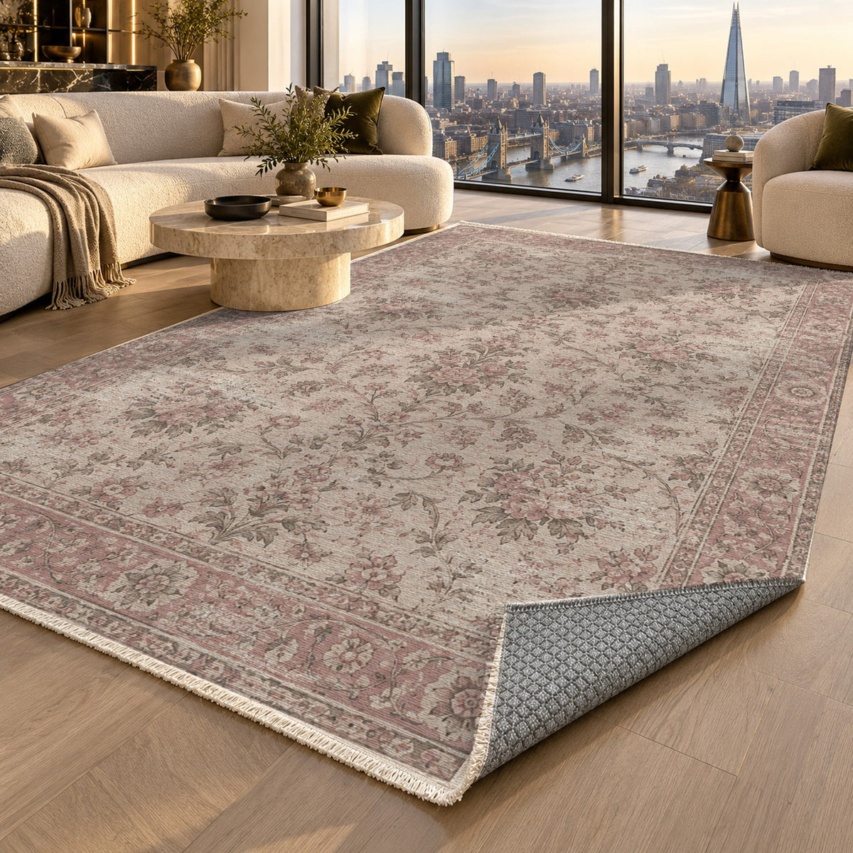Faded Bouquet Rose Pink Vintage Washable Rug — london luxury living