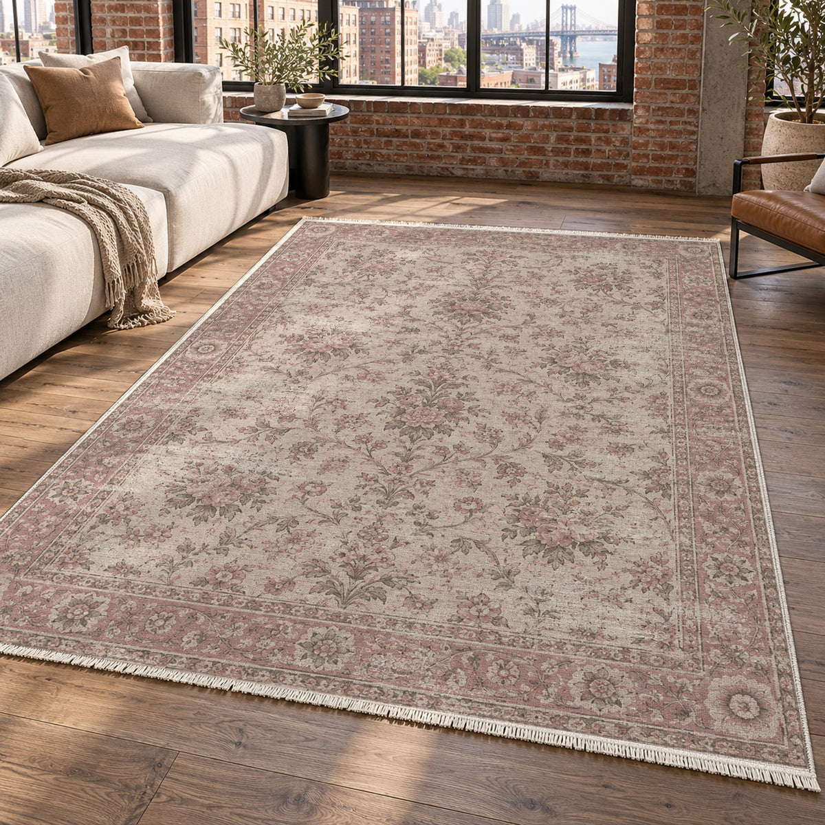 Faded Bouquet Rose Pink Vintage Washable Rug — new york living