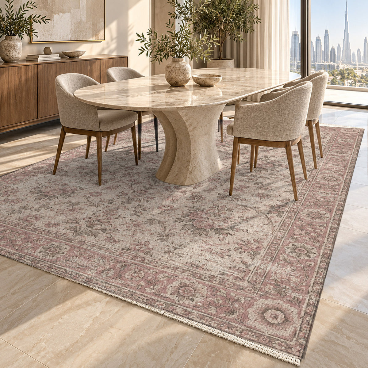 Faded Bouquet Rose Pink Vintage Washable Rug — dubai dining