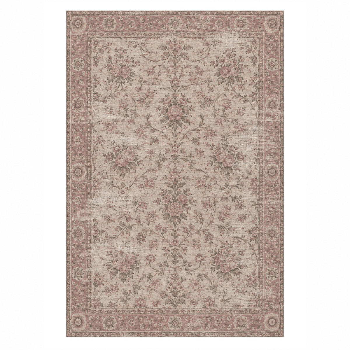 Faded Bouquet Rose Pink Vintage Washable Rug — top view
