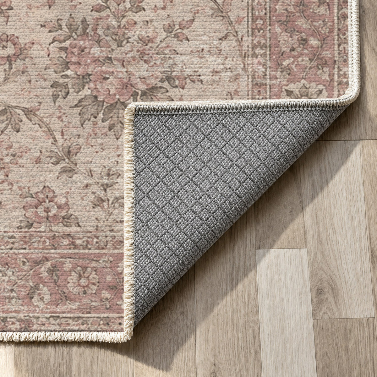 Faded Bouquet Rose Pink Vintage Washable Rug — backing close up