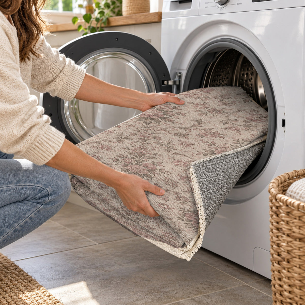 Faded Bouquet Rose Pink Vintage Washable Rug — washing machine