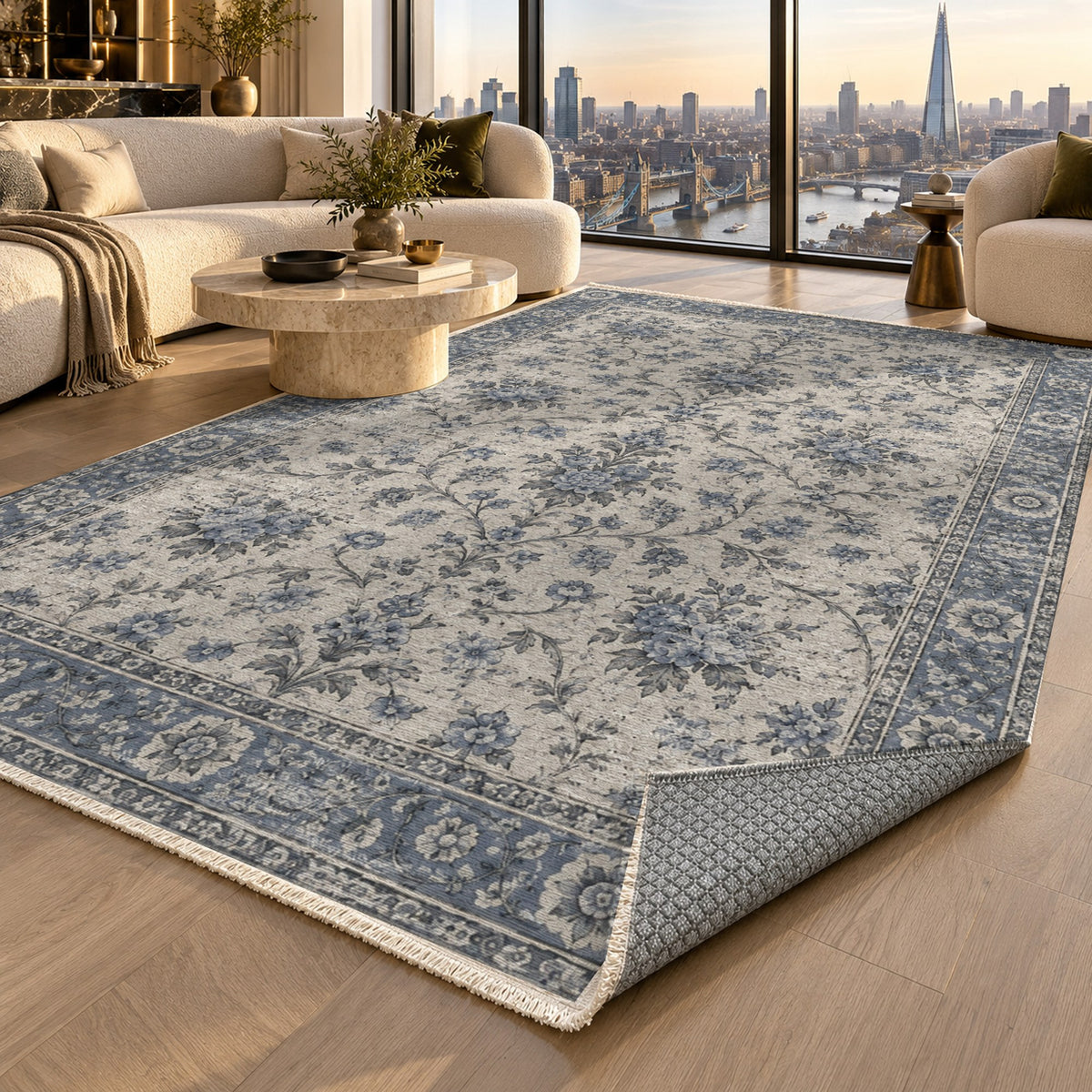 Faded Bouquet Slate Blue Vintage Washable Rug — london luxury living