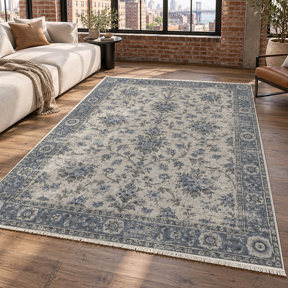 Faded Bouquet Slate Blue Vintage Washable Rug — new york living