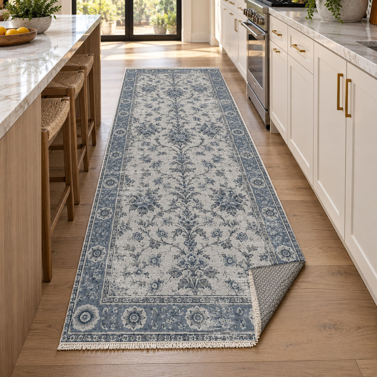 Faded Bouquet Slate Blue Vintage Washable Rug — new york kitchen runner