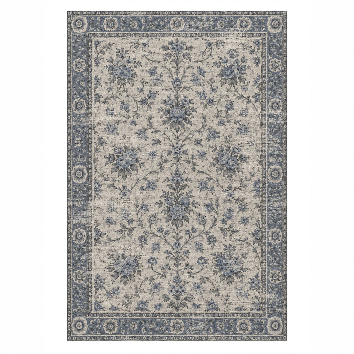 Faded Bouquet Slate Blue Vintage Washable Rug — top view