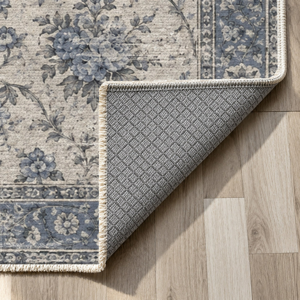 Faded Bouquet Slate Blue Vintage Washable Rug — backing close up