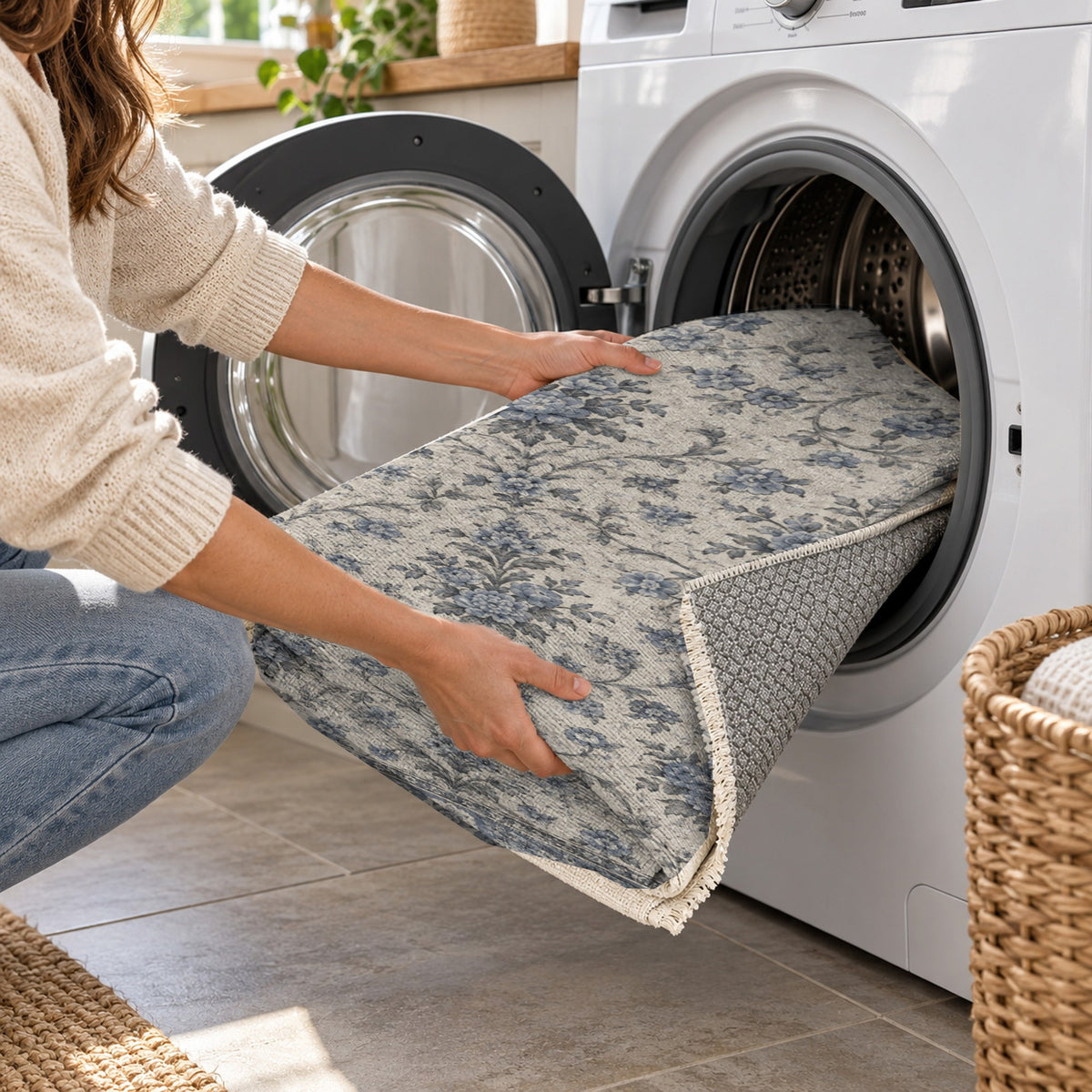 Faded Bouquet Slate Blue Vintage Washable Rug — washing machine
