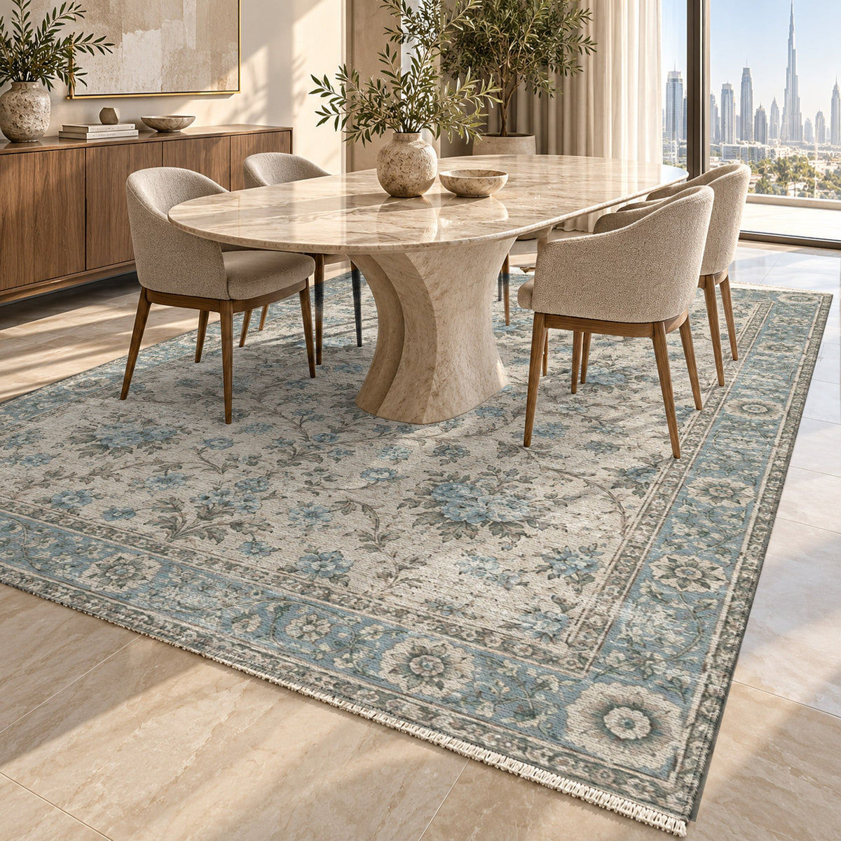 Faded Bouquet Turquoise Blue Vintage Washable Rug — dubai dining