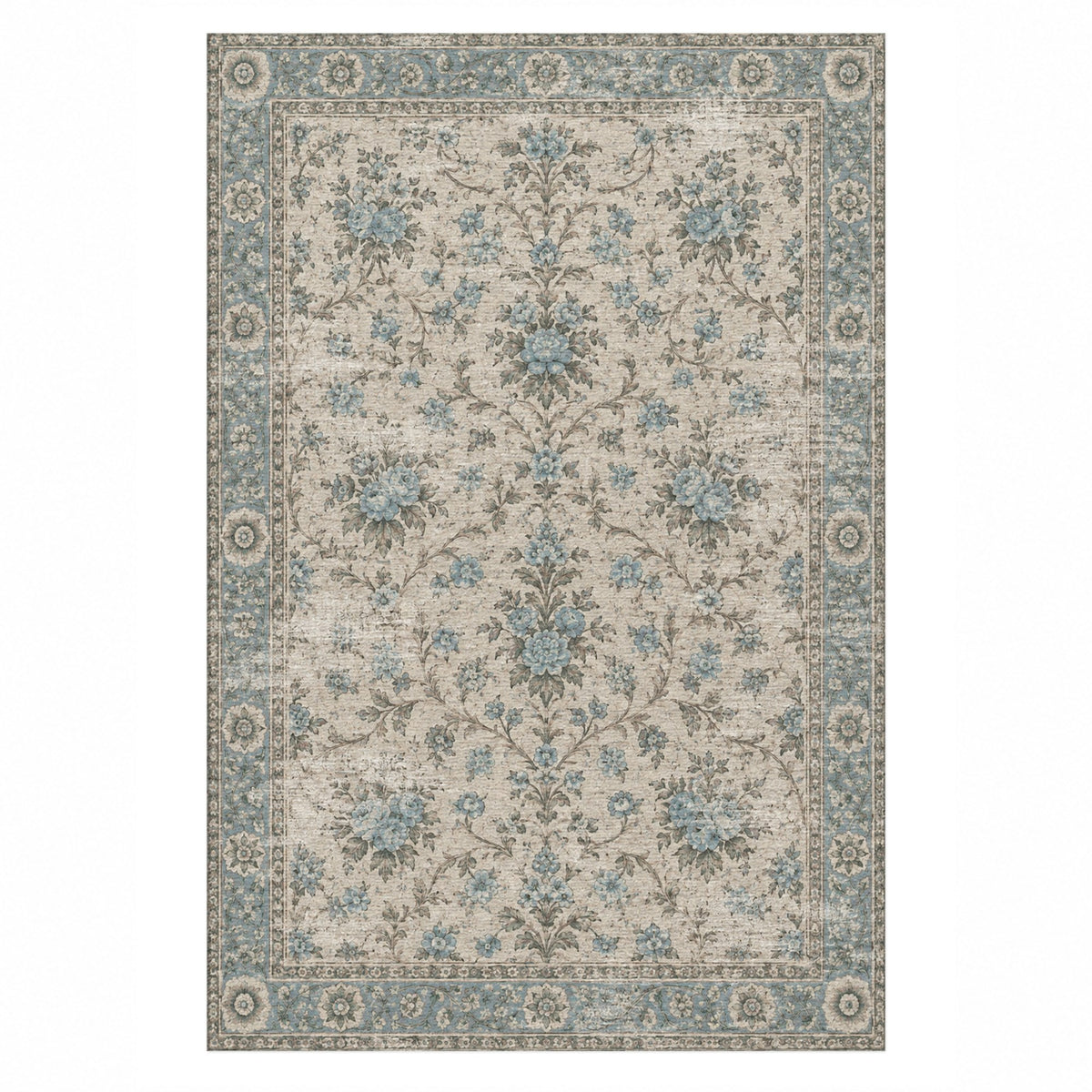 Faded Bouquet Turquoise Blue Vintage Washable Rug — top view