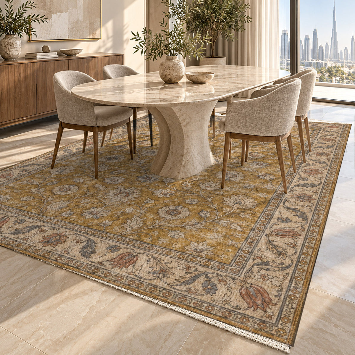 Faded Floral Antique Gold Vintage Washable Rug — dubai dining