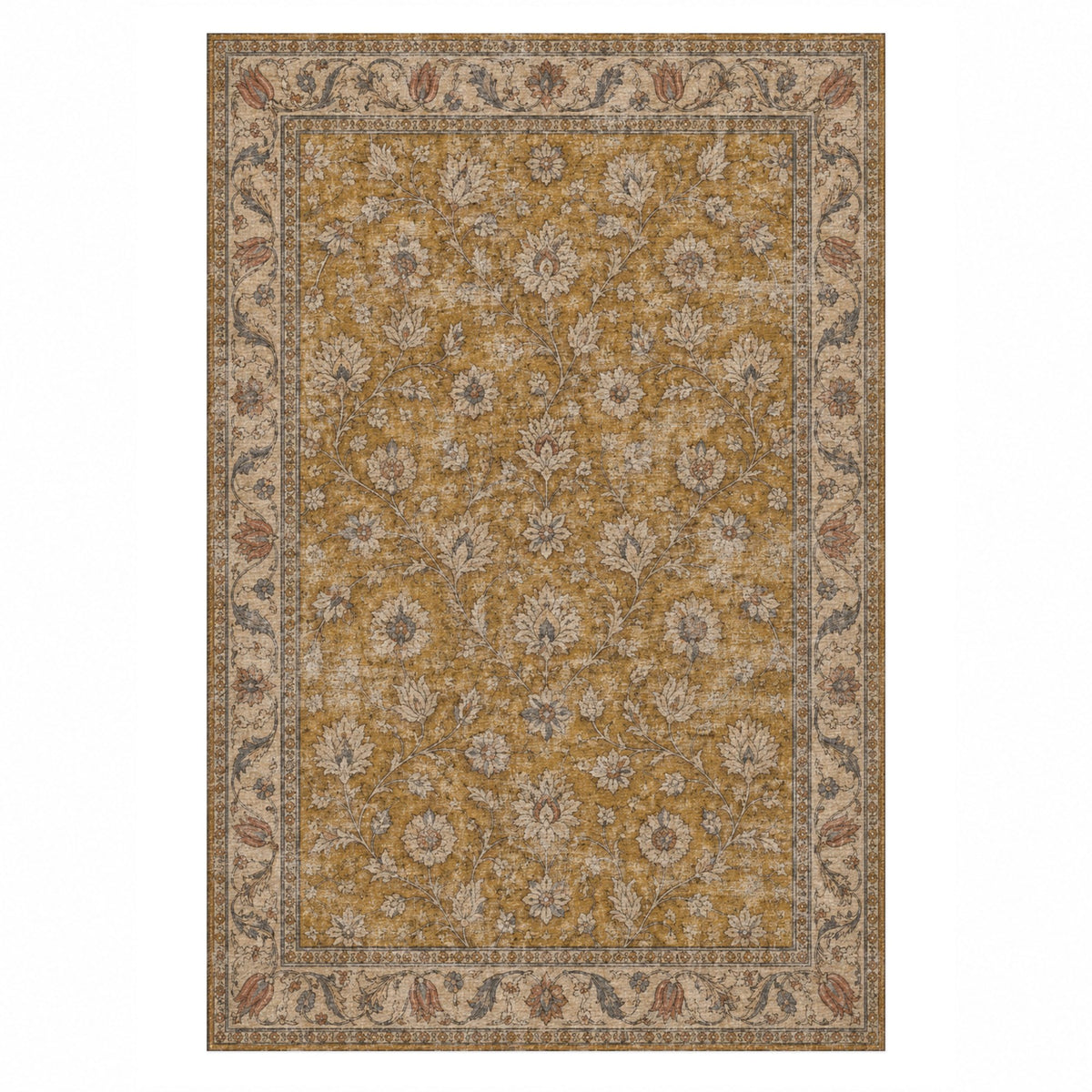 Faded Floral Antique Gold Vintage Washable Rug — top view