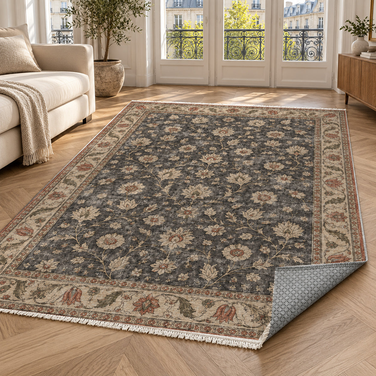 Faded Floral Black Vintage Washable Rug — paris living
