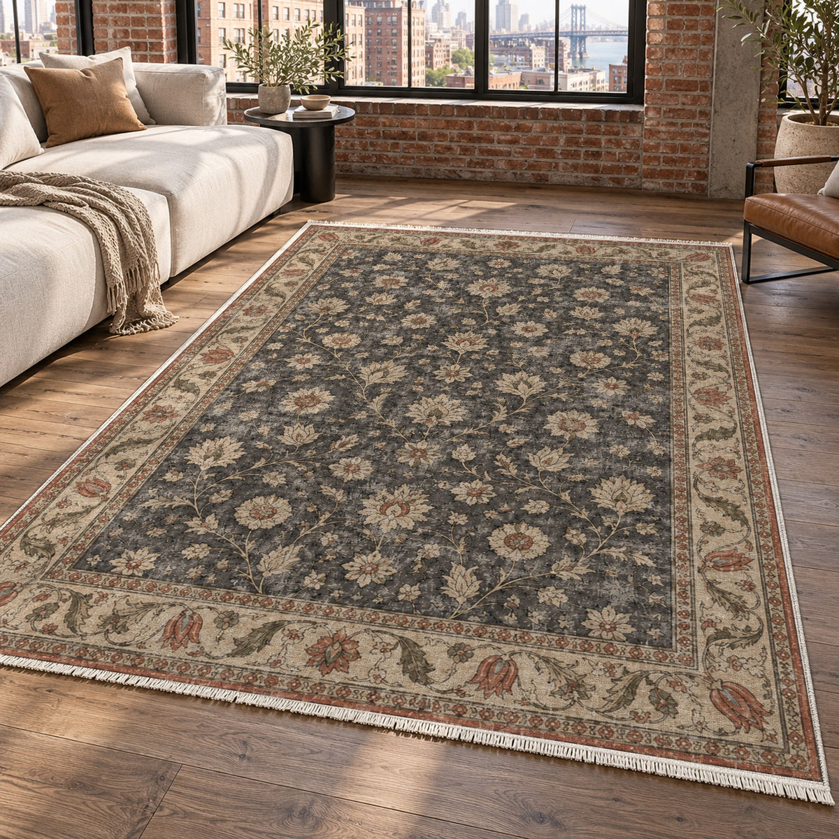 Faded Floral Black Vintage Washable Rug — new york living