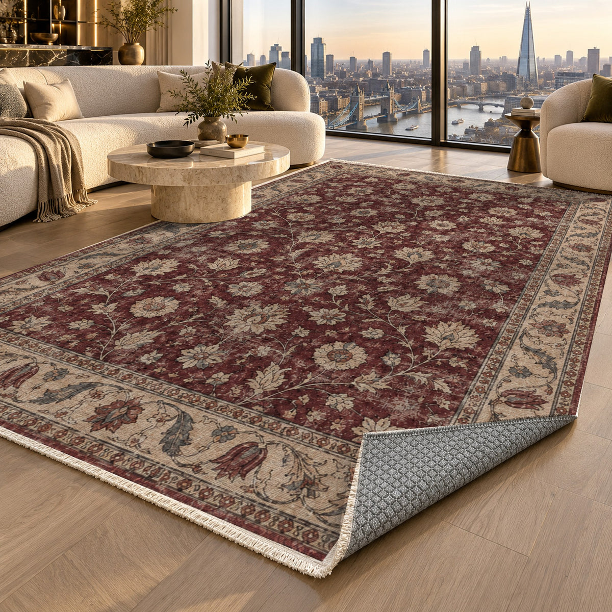 Faded Floral Burgundy Vintage Washable Rug — london luxury living