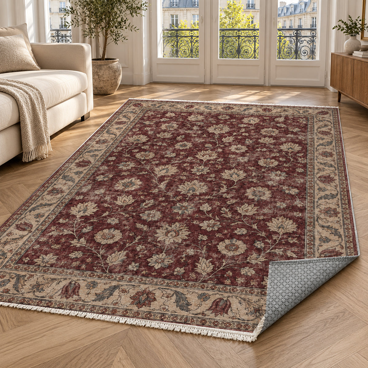 Faded Floral Burgundy Vintage Washable Rug — paris living