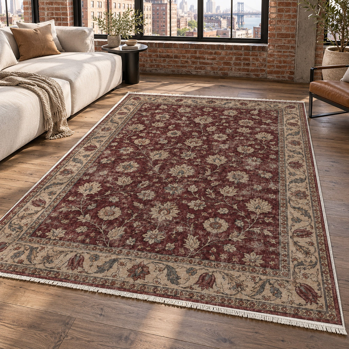 Faded Floral Burgundy Vintage Washable Rug — new york living