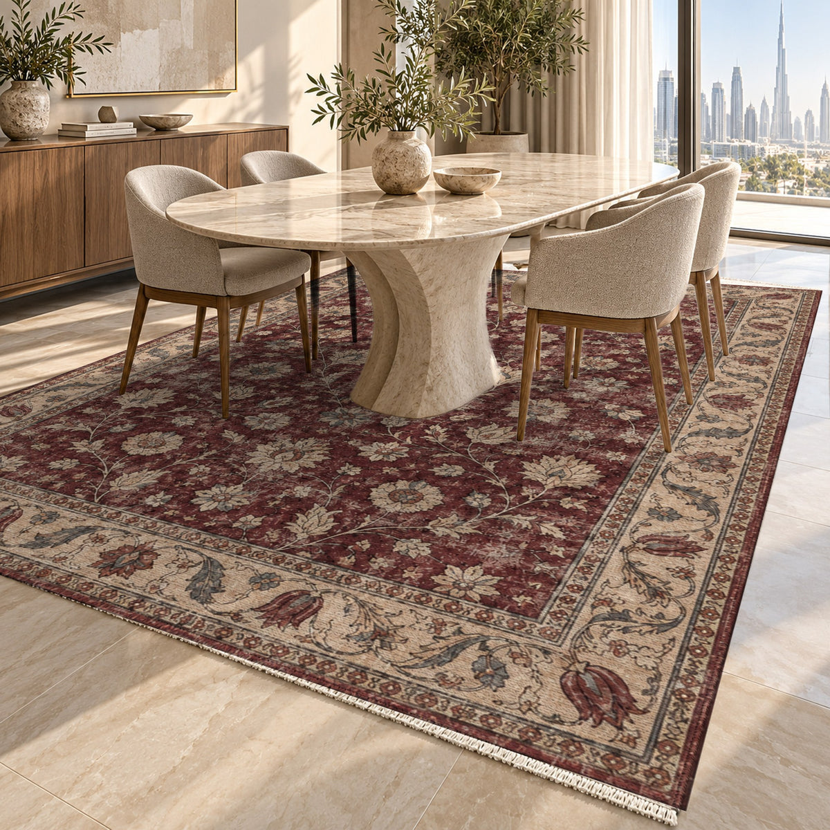 Faded Floral Burgundy Vintage Washable Rug — dubai dining