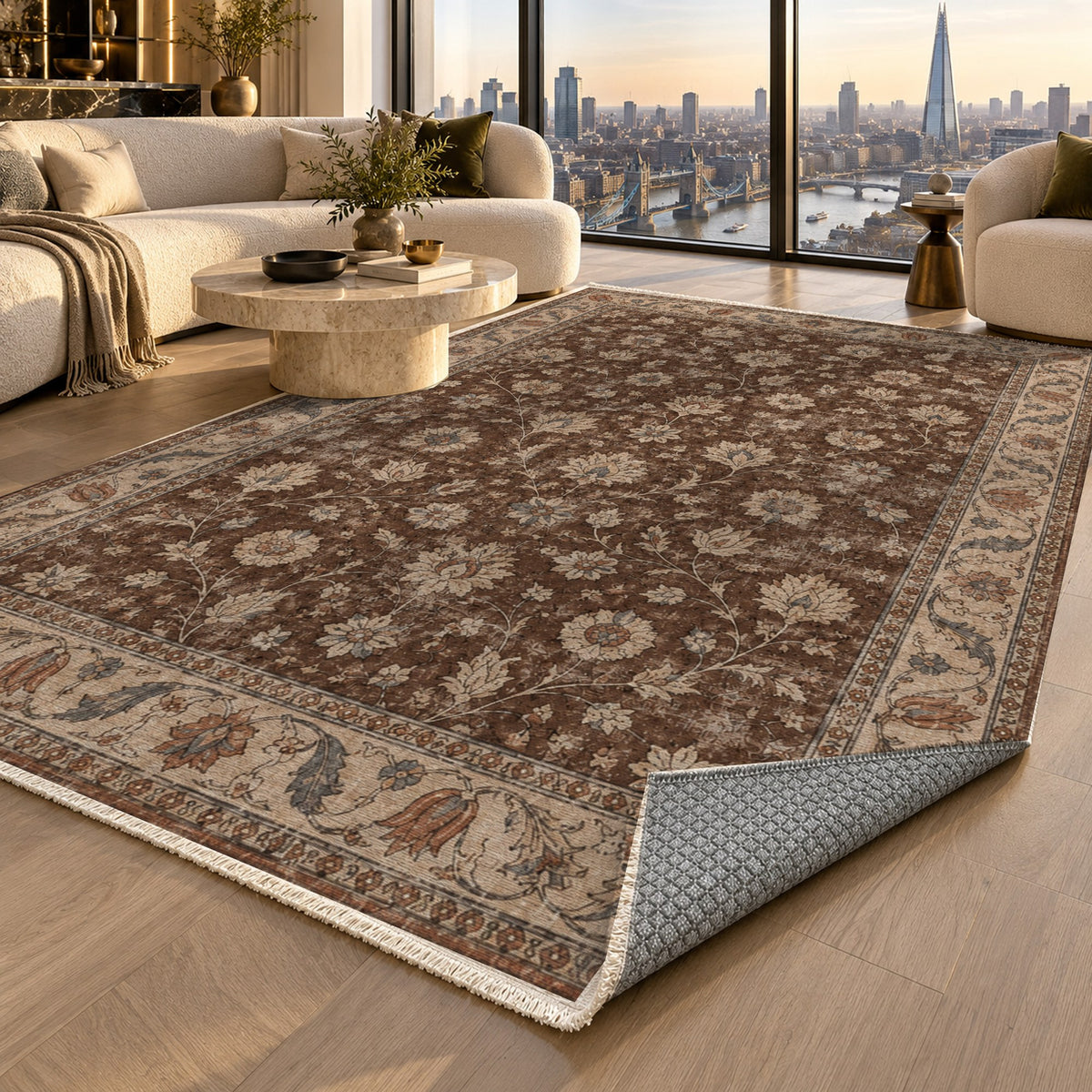 Faded Floral Chocolate Brown Vintage Washable Rug — london luxury living