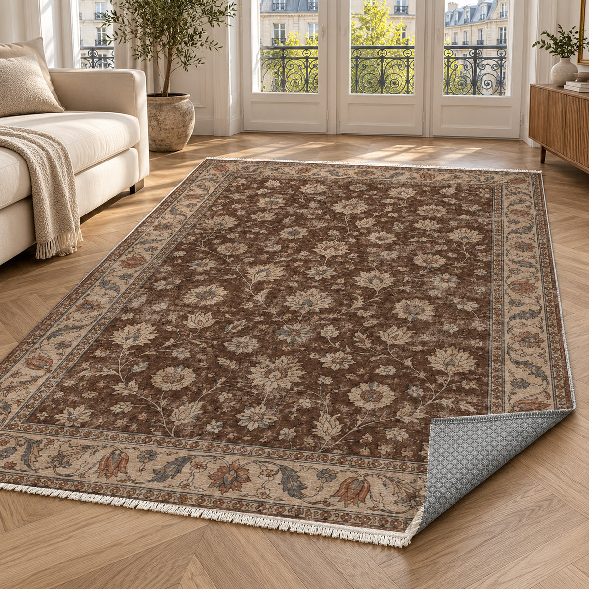 Faded Floral Chocolate Brown Vintage Washable Rug — paris living