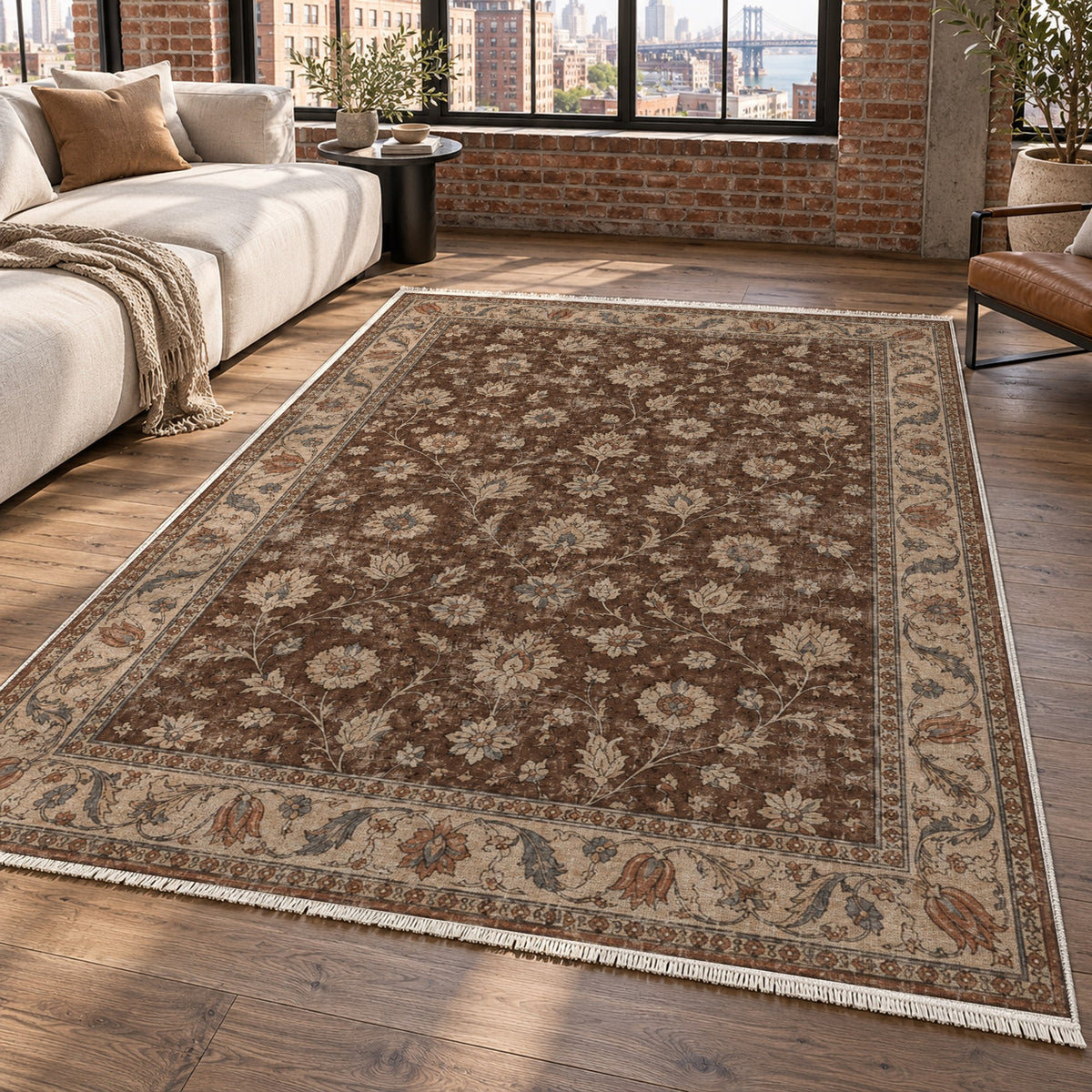 Faded Floral Chocolate Brown Vintage Washable Rug — new york living