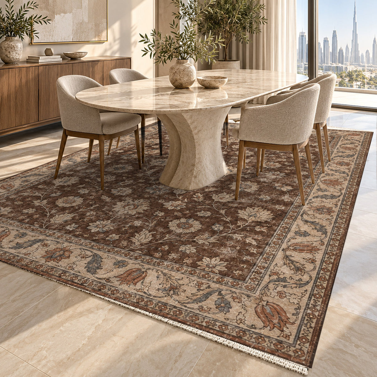 Faded Floral Chocolate Brown Vintage Washable Rug — dubai dining
