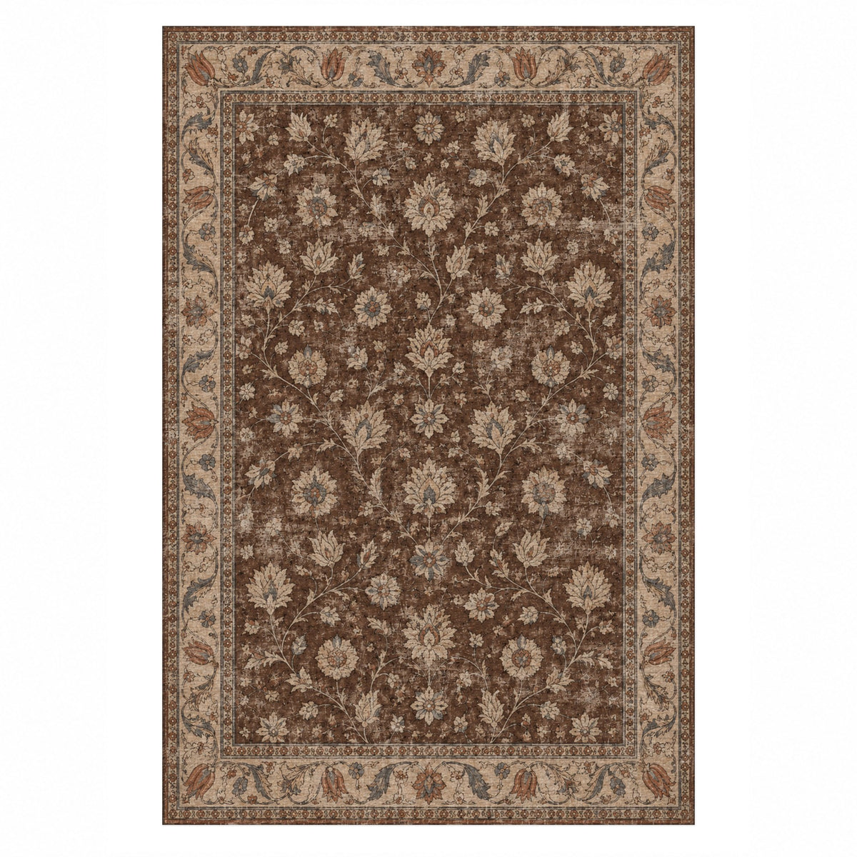 Faded Floral Chocolate Brown Vintage Washable Rug — top view