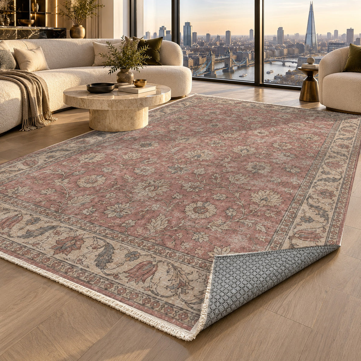 Faded Floral Dusty Rose Vintage Washable Rug — london luxury living