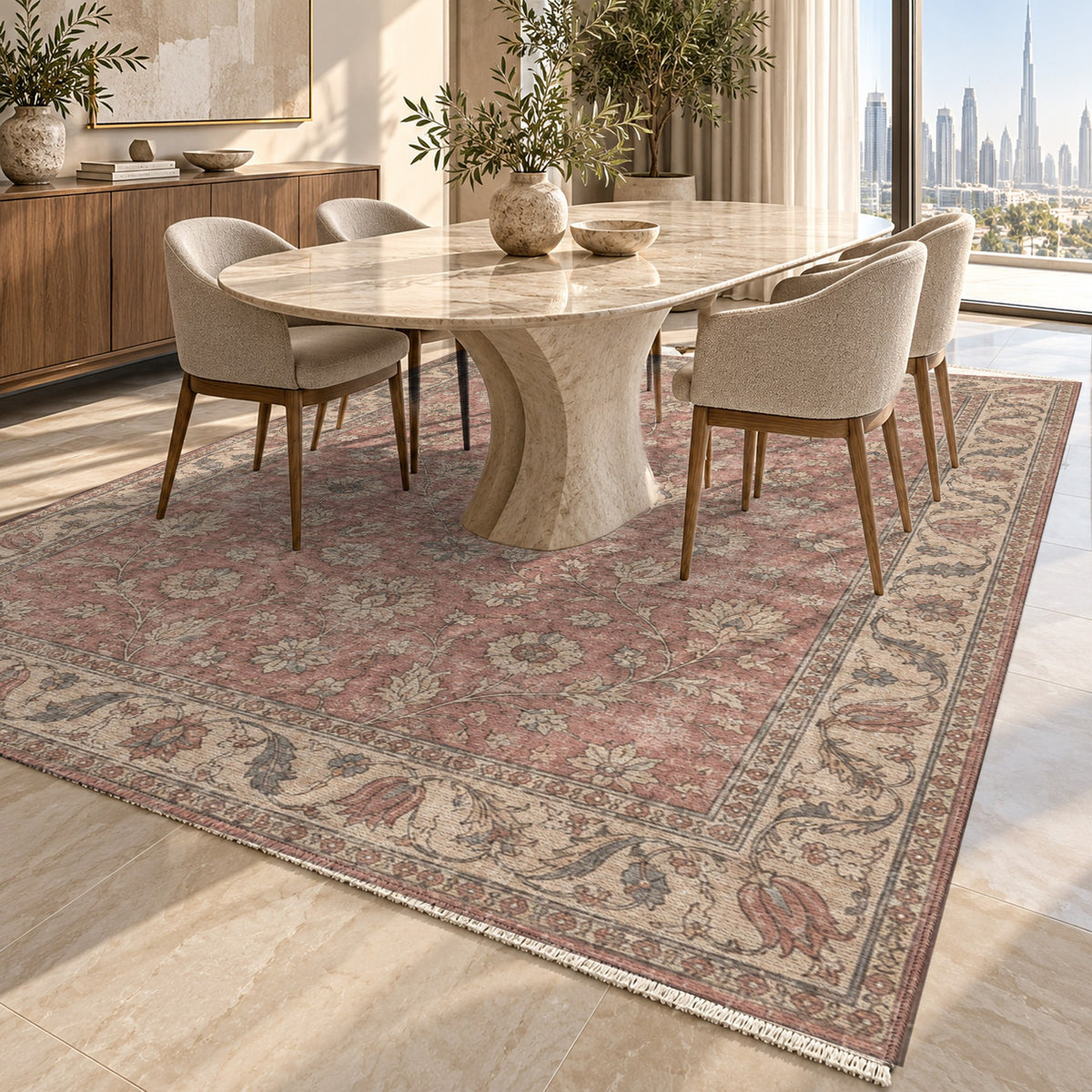 Faded Floral Dusty Rose Vintage Washable Rug — dubai dining