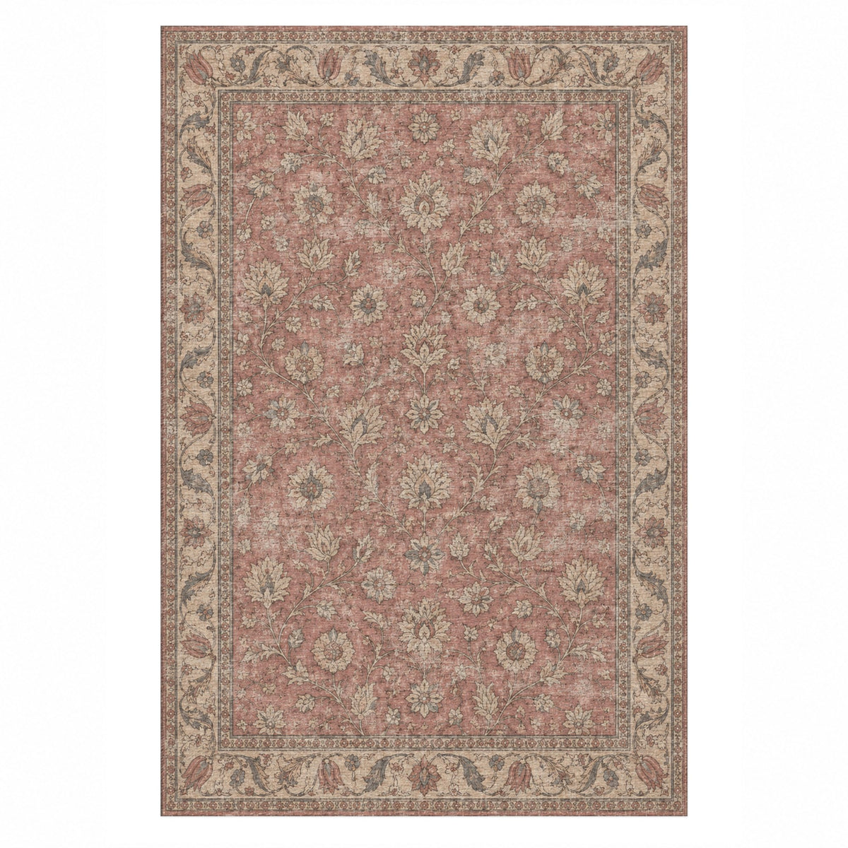 Faded Floral Dusty Rose Vintage Washable Rug — top view