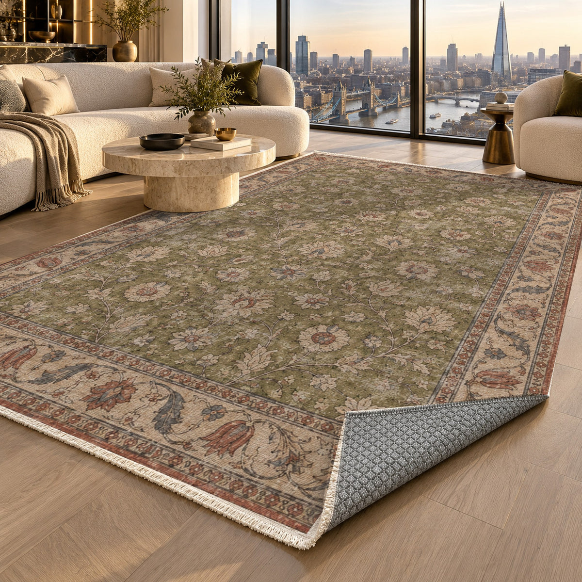 Faded Floral Khaki Green Vintage Washable Rug — london luxury living
