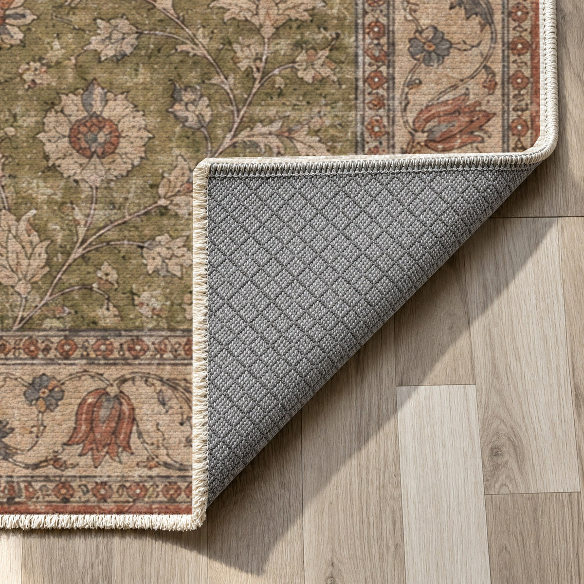 Faded Floral Khaki Green Vintage Washable Rug — backing close up