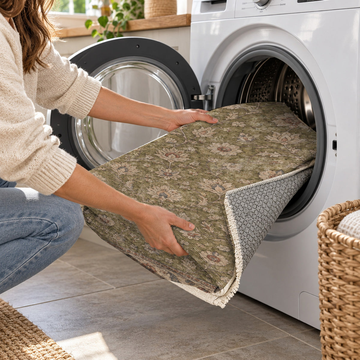 Faded Floral Khaki Green Vintage Washable Rug — washing machine