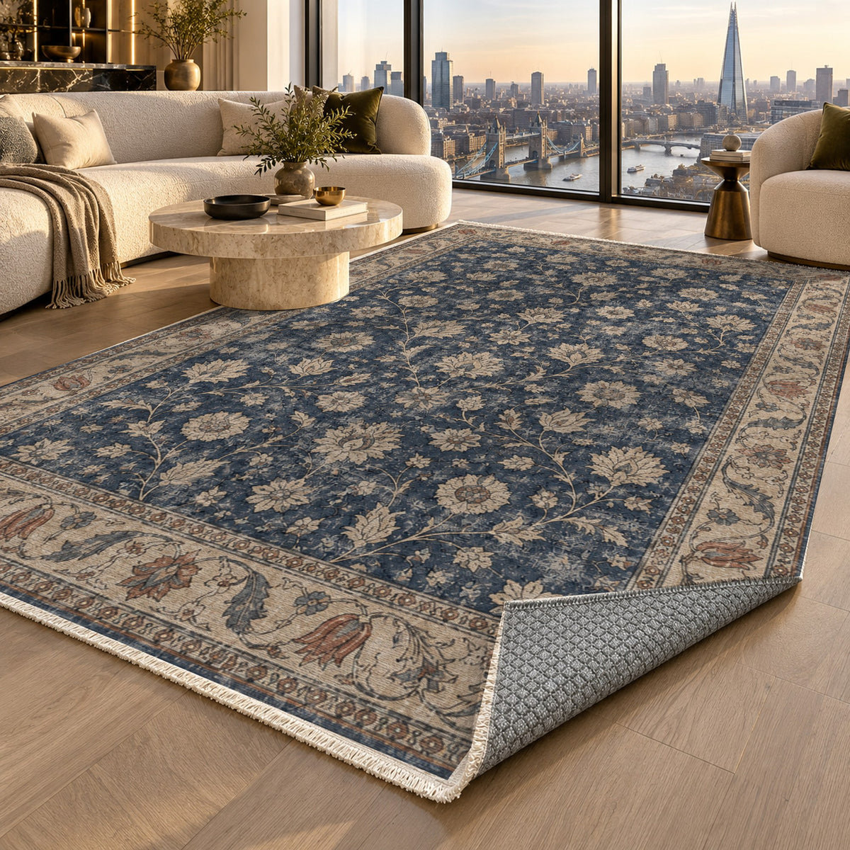 Faded Floral Navy Blue Vintage Washable Rug — london luxury living