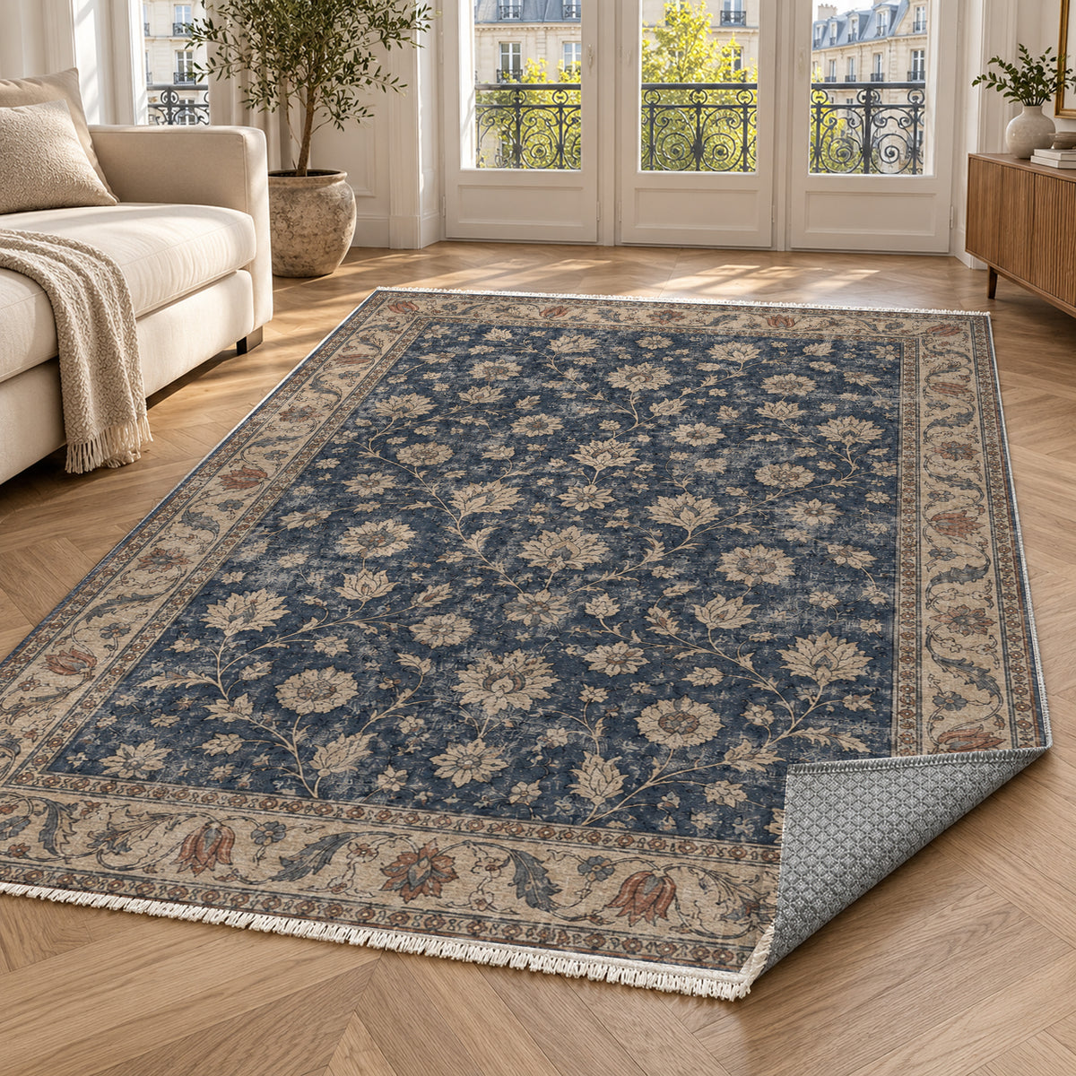 Faded Floral Navy Blue Vintage Washable Rug — paris living